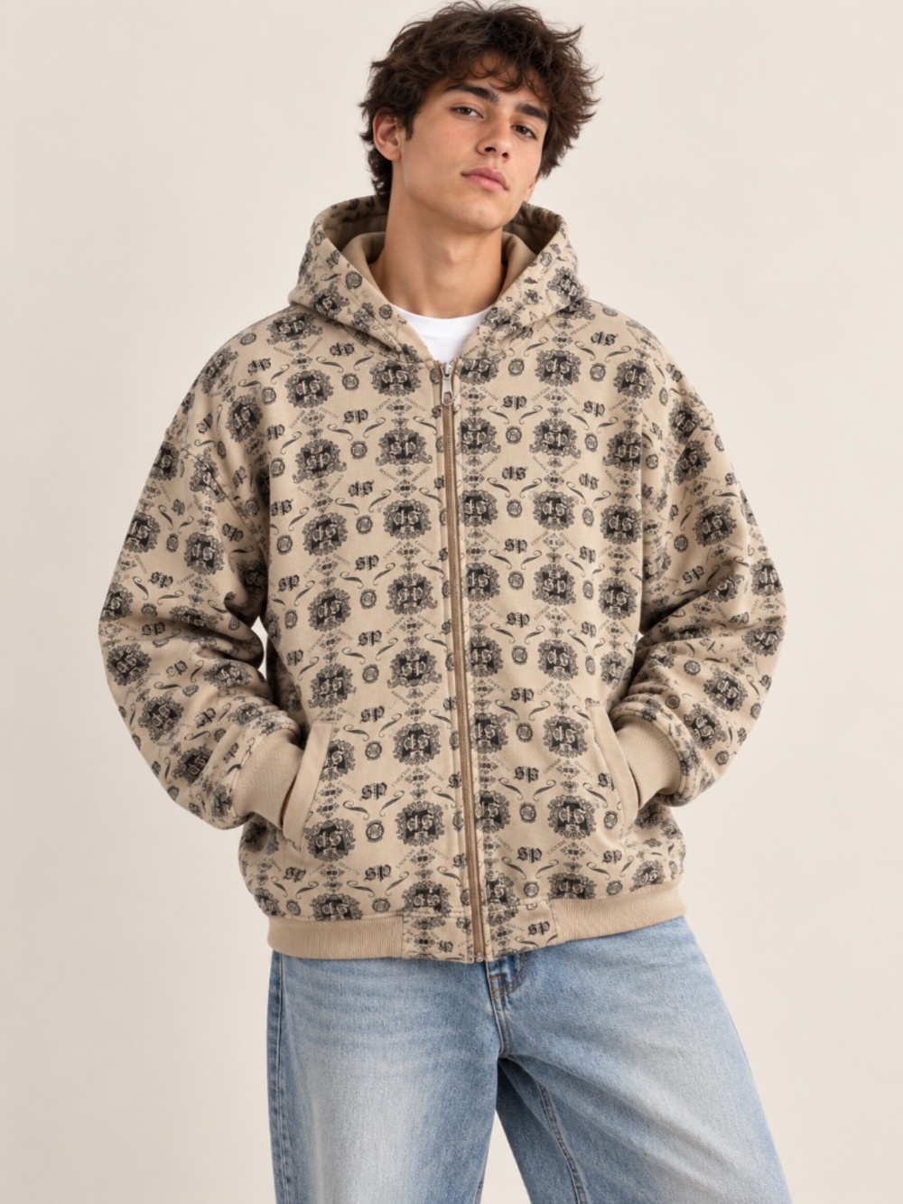 South Pole Y2K All Over Crest Print Full Zip Hoodie Fleece Lined Mens XL